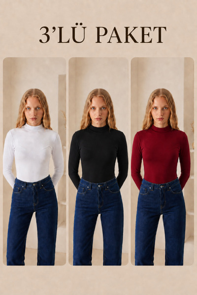COMBİNE MİCHAİL Women's Half Turtleneck Basic 3-Piece Blouse