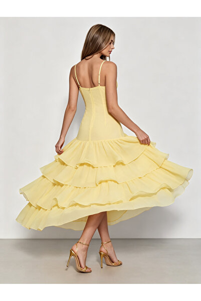 Take Two By Styli Light Yellow Thin Strap Ruffle Party Maxi Dress