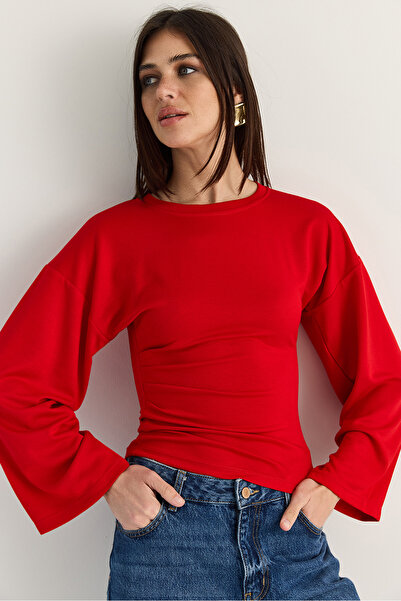 Bianco Lucci Women's Red Long Sleeve Waist Fitted Pleated Detailed Modal Blou...