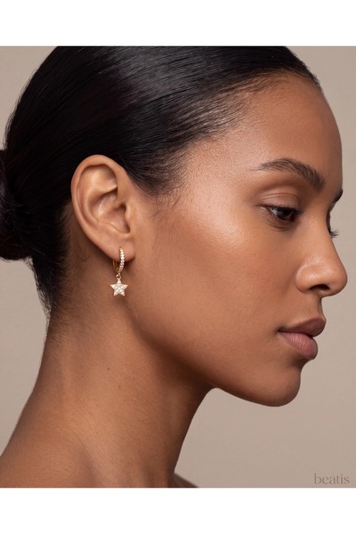 Beatis Gold Color Zircon Stone Dangle Star Hoop Earrings
