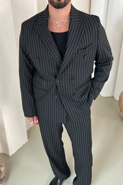 OUTFİT MAN Çizgili Oversize Takım Elbise Siyah