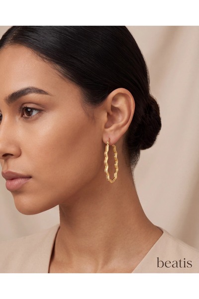 Beatis Gold Color Wavy Bead Textured Oval Large Hoop Earrings