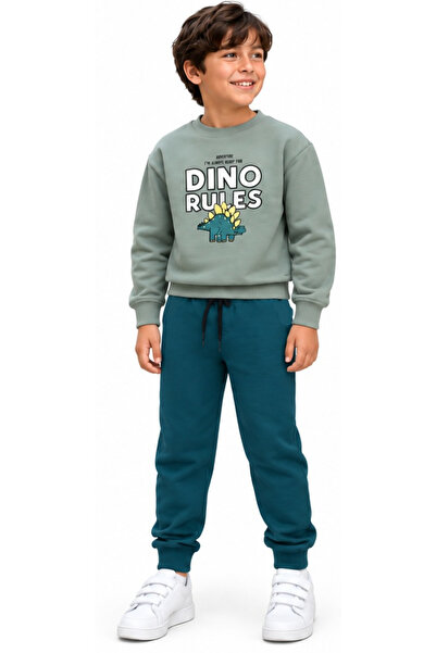 İrem Çocuk Giyim Boy's Green Color Tracksuit Set with Dinosaur Pattern on the...
