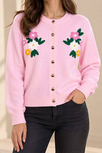 Beyome Women's Floral Embroidered Knitwear Cardigan V-Neck Buttoned Knitted S...