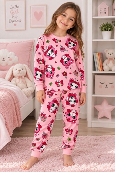 Kız Çocuk Pamuklu Pembe Arı Çiçek Desenli Uzun Kollu Mevsimlik Pijama Takımı