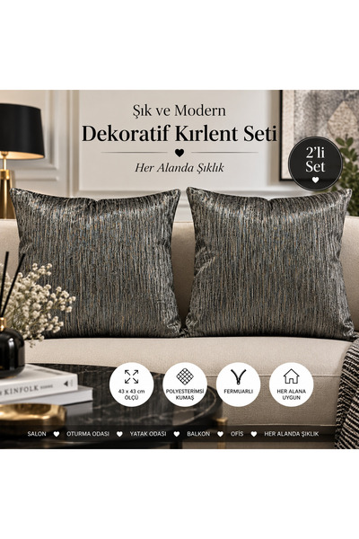suzaneli Antrasit Işıltılı Dokulu 2’li Dekoratif Kırlent Seti 43x43 cm – Ferm...