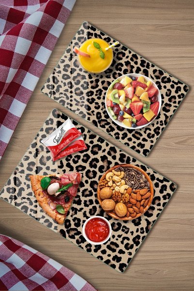 Decovetro 2'li Cam Kesme Tahtası ve Sunumluk Leopar Desenli 20 x 30 cm ve 25 x 35 cm