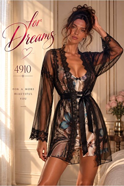 For Dreams طقم ثوب نوم من الساتان المزخرف وروب من التول 4910