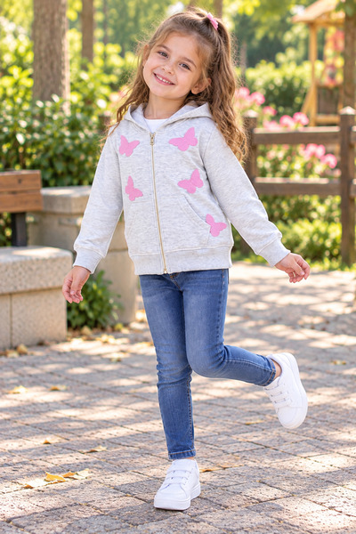 SERPİL Girl's Pink Butterfly Printed Hooded Zipper Sweatshirt