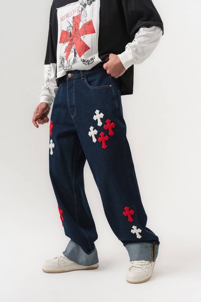 go gang own Crossfold Patch Detailed Contrast Cuff Jean Baggy Men's Trousers
