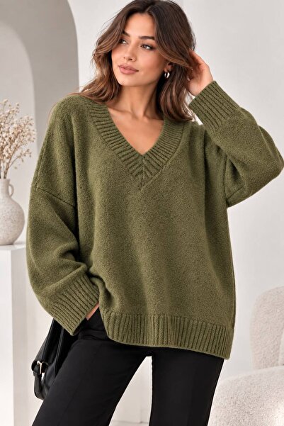 ikomteks Women's Oversize V-Neck Soft Textured Knitwear Sweater