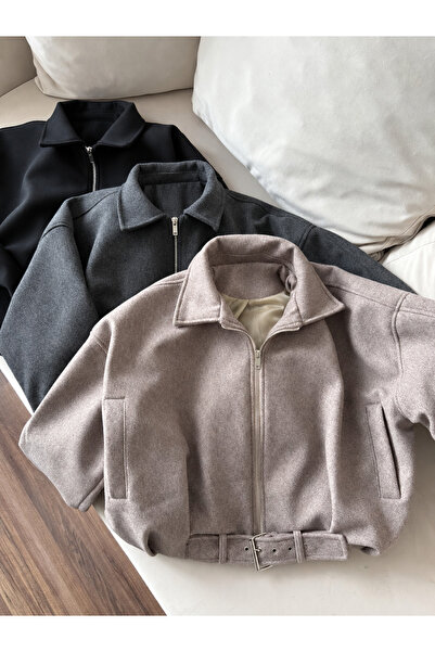 Ekim Store Kemerli Fermuarlı Bomber Kaşe Ceket