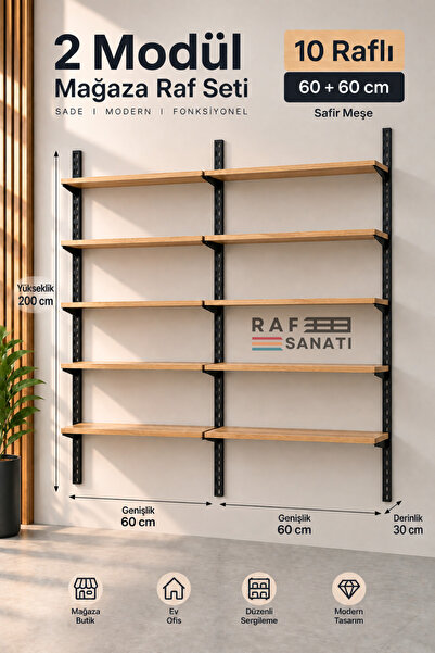 Raf Sanatı 2 Modül 10 Raflı Konik Dikme Mağaza Raf Sistemi 60x30 cm Safir Meş...