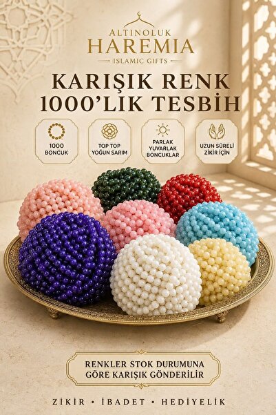Altınoluk Haremia 1000'lik Tesbih – Karışık Renk Yuvarlak Boncuklu Uzun Zikir...