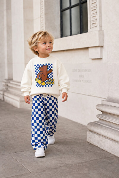 Mono Kids Erkek Çocuk Ayıcık Baskılı Dama Desenli Sweatshirt Eşofman Takımı