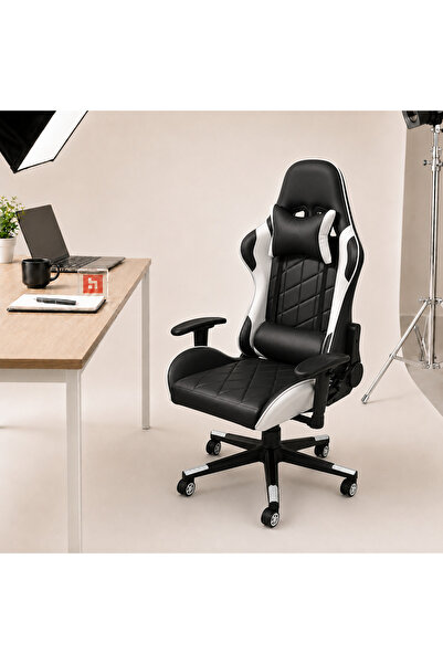 Kiwari Scaun de gaming Vector, 180 °   spătar rabatabil, cotiere 2D, perne lombare și cervicale, piele PU, negru/alb