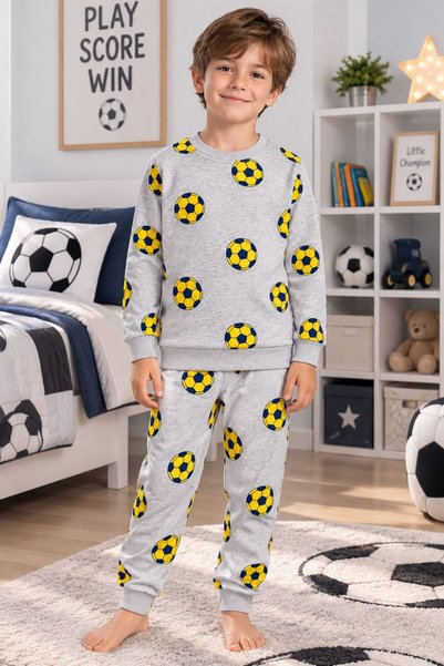 Maviş Kids Erkek Çocuk Pamuklu Gri Desenli Uzun Kollu Mevsimlik Pijama Takımı