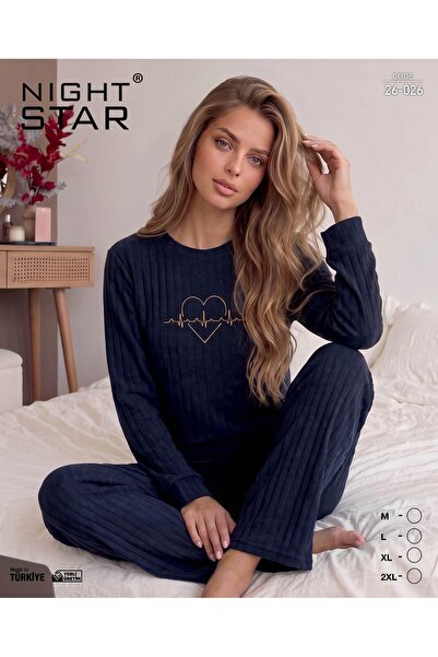 Night Star طقم بيجامة روما قطني محبوك مطبوع عليه نبضات القلب باللون الأزرق ال...
