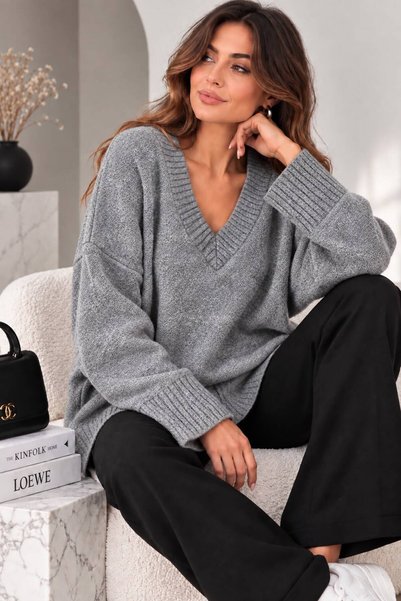 ikomteks Women's Oversize V-Neck Soft Textured Knitwear Sweater