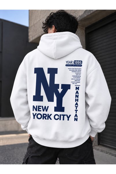 HAI COLLECTİON Erkek 3 İplik Şehir Yazı Sırt Baskılı Oversize Hoodie – Kapüşo...