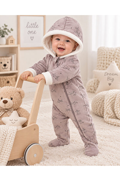 EDM Kidss %100 Pamuklu Unisex Kız Erkek Bebek Kapüşonlu Peluş Tulum – Hayvan Desenli, Fermuarlı, Patikli Kışlık Bebek Dış Giyim Tulumu 3-18 Ay