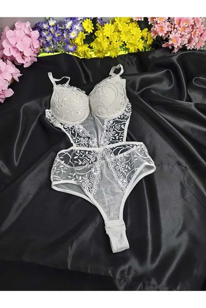 Kadın Beyaz Çiçek Dantelli Destekli Balenli Tül Bodysuit Body