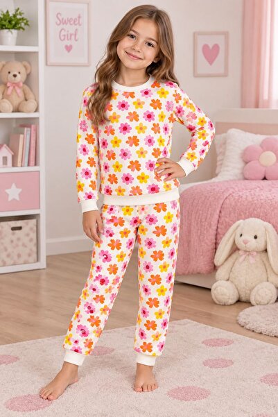 Kız Çocuk Pamuklu Beyaz Turuncu Çiçek Desenli Uzun Kollu Mevsimlik Pijama Takımı