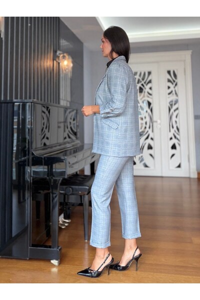 Atelier Derin Gri Mavi Ekose Pantolon Ceket Takım
