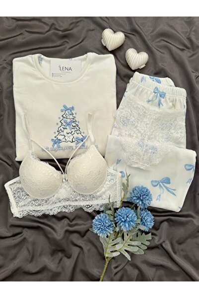 Lena Homewears Екрю пижамен комплект от 4 части с мотив на панделки, с сутиен...