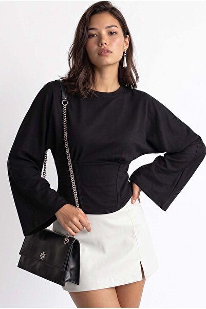 Mixray 2238 Corset Detailed Spanish Sleeve Blouse Black