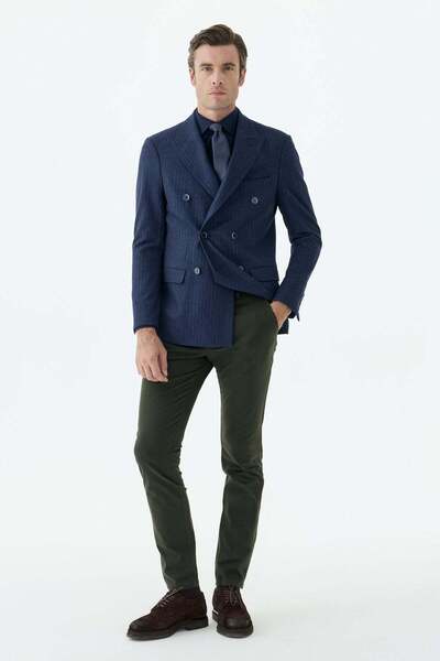 Jakamen Navy Blue Slim Fit High Collar Striped Double Breasted Jacket