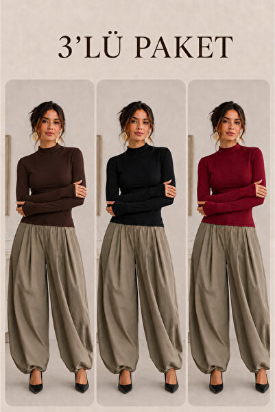 COMBİNE MİCHAİL Women's Half-Throat Slim Basic 3-Piece Blouse