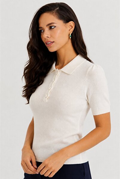CARLA MARA Women's white polo collar buttoned short sleeve knit blouse