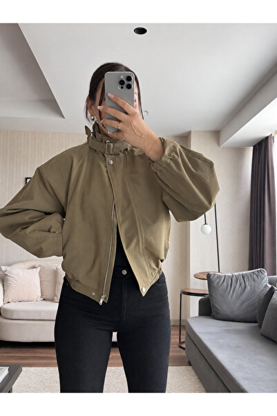 Ekim Store Dik Yaka Düz Fermuarlı Oversize Trenç Ceket