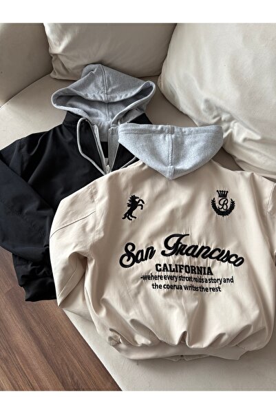 Ekim Store Gri Kapüşonlu Nakışlı Fermuarlı Bomber Ceket