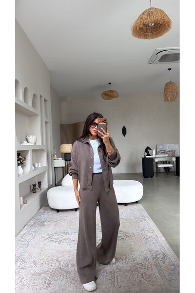 Buket Teke Brown Premium Knitwear Snap Fastener Cardigan Trouser Set