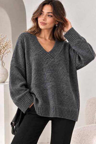 ikomteks Women's Oversize V-Neck Soft Textured Knitwear Sweater