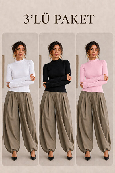 COMBİNE MİCHAİL Women's Half-Throat Slim Basic 3-Piece Blouse
