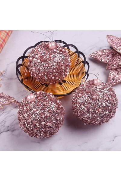 Generic Luxury Christmas Ball Ornaments, Rose Gold Glitter Sequin Pearl, 4.25 Inch Shatterproof Tree Decorations, 4 Pack Holiday Set with Lanyard