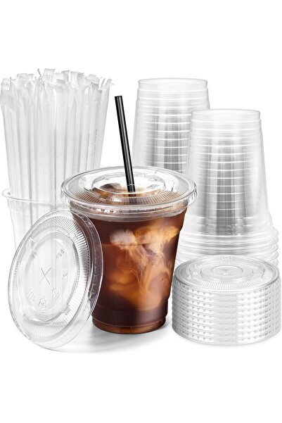 Generic 100 Pack 12 oz Plastic Iced Coffee Cups with Flat Lids and Straws, Di...