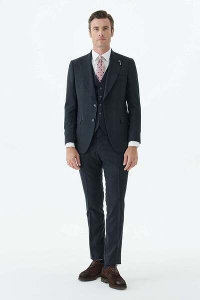 Jakamen Navy Blue Slim Fit Striped Suit with Swallow Collar Vest