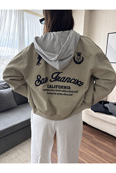 Ekim Store Gri Kapüşonlu Nakışlı Fermuarlı Bomber Ceket