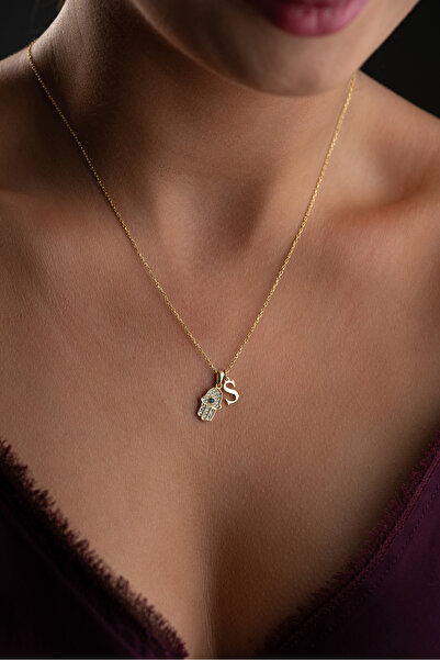 beonejewelry 925 Ayar Gümüş Kişiye Özel Taşlı Fatmaeli Ve Harf Detaylı kolye