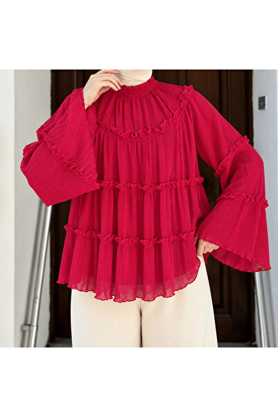 Hepsi Moda Piliseli Fırfır Detaylı Şık Bluz - Kırmızı