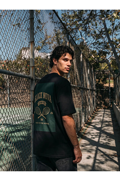 Oversize Baskılı Unisex Tişört Campus Tennis Black siyah