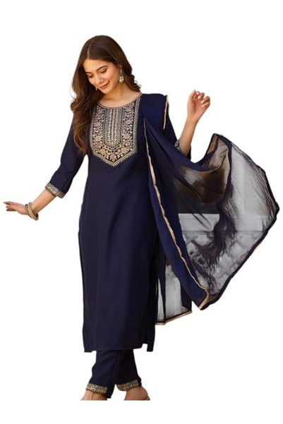 MYSMAR Navy Blue Rayon Slub Embroidered Kurta Set - LRN9476 | Navy Blue-Size:...