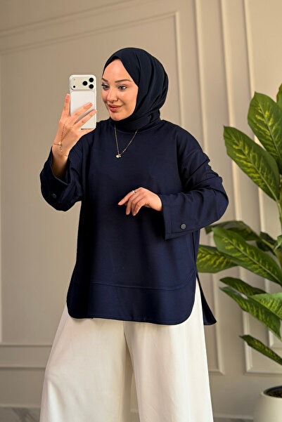 Suede Style 6656 - Rahat, Salaş Basic Kol Düğme Detaylı Kadın Uzun Sweatshirt