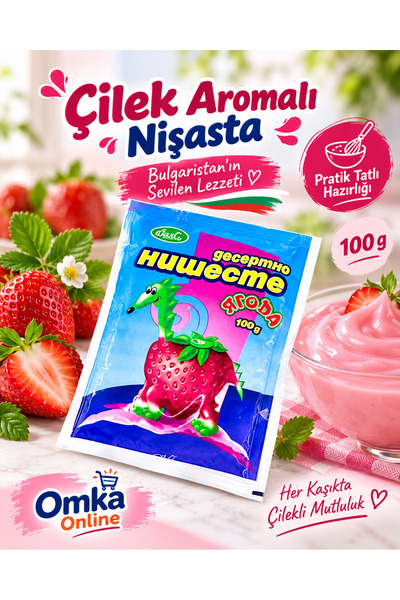 OMKA Çilek Aromalı Nişasta 100 g – Bulgaristan’ın Meşhur Renkli Tatlı Nişasta...