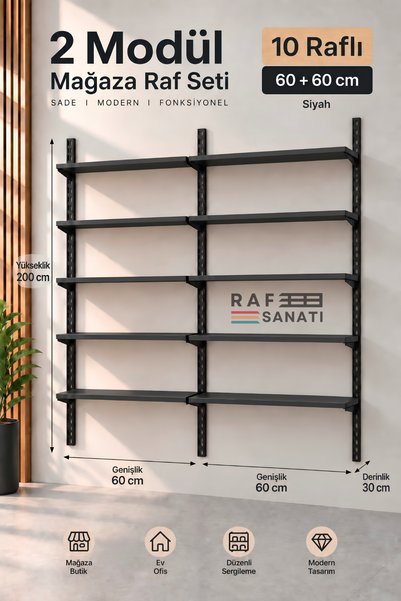 Raf Sanatı 2 Modül 10 Raflı Konik Dikme Mağaza Raf Sistemi 60x30 cm Siyah Sun...