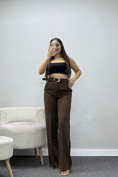 BELENDİR Women's Dabıl Fabric Belted Palazzo Trousers Light Brown